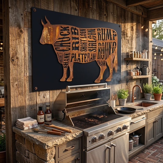 Beef Cuts – styckningsko i cortenstål, väggkonst med styckningsdetaljer