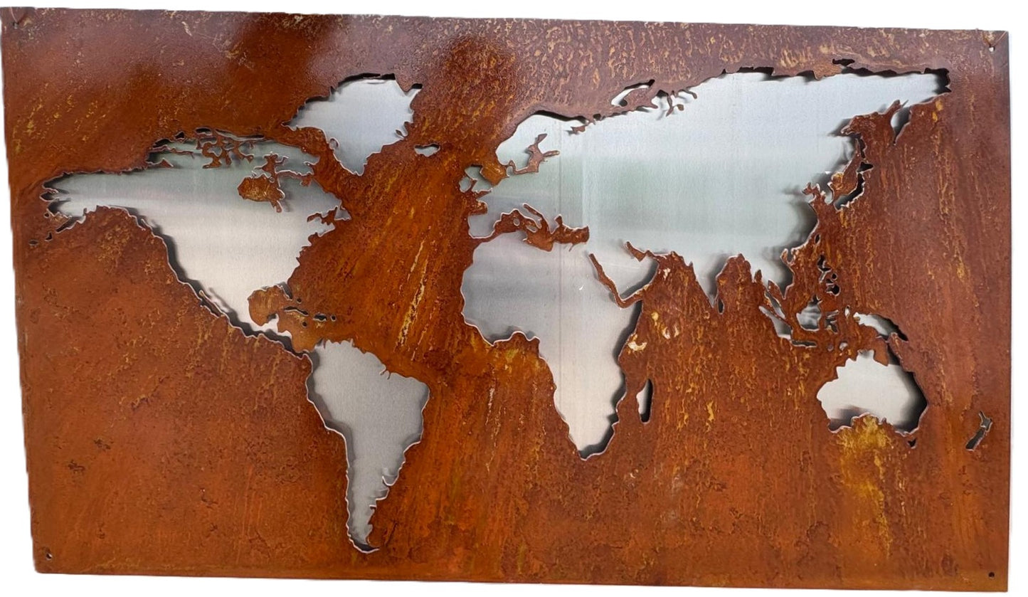Worldmap - Inredning - Världskarta i corten och rostfri plåt som bakgrund Hillslope