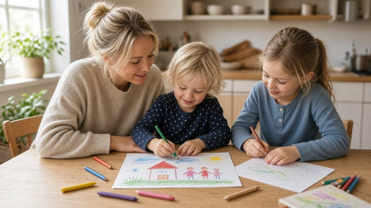 Mamma och två barn ritar med kritor vid köksbordet